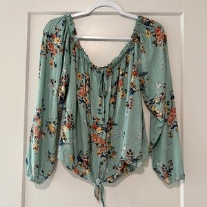 Green Floral Print Tie Blouse